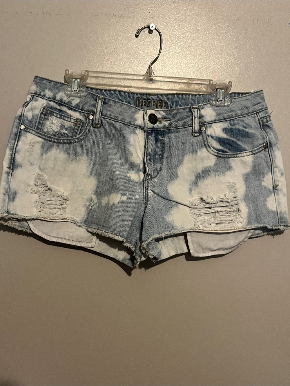 Decree Blue and White Bleached Distressed Denim Shorts